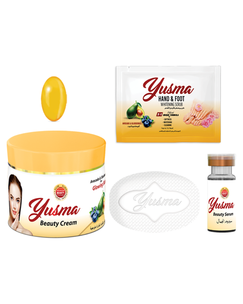 Yusma skincare combo pack displaying beauty cream hand and foot wipe beauty soap and beauty serum for complete daily skincare care