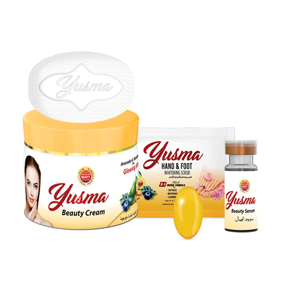 Yusma skincare combo pack displaying beauty cream hand and foot wipes beauty soap capsule and beauty serum for complete daily skincare care
