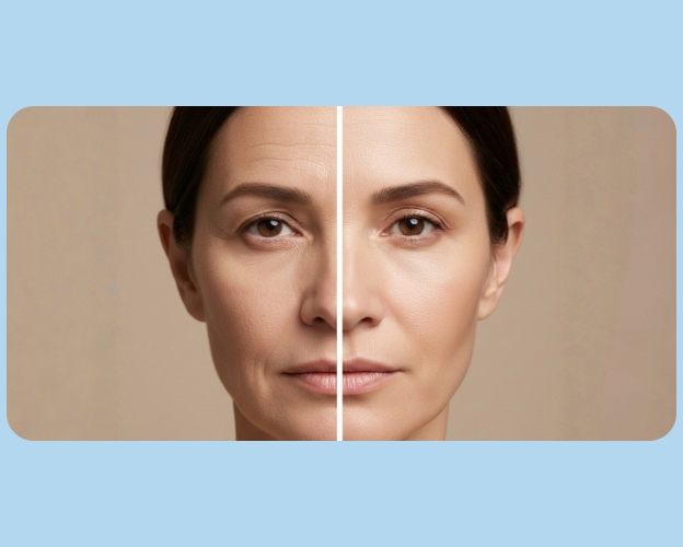 Woman learning fine lines vs wrinkles difference with Shaheencosmetics products on white surface