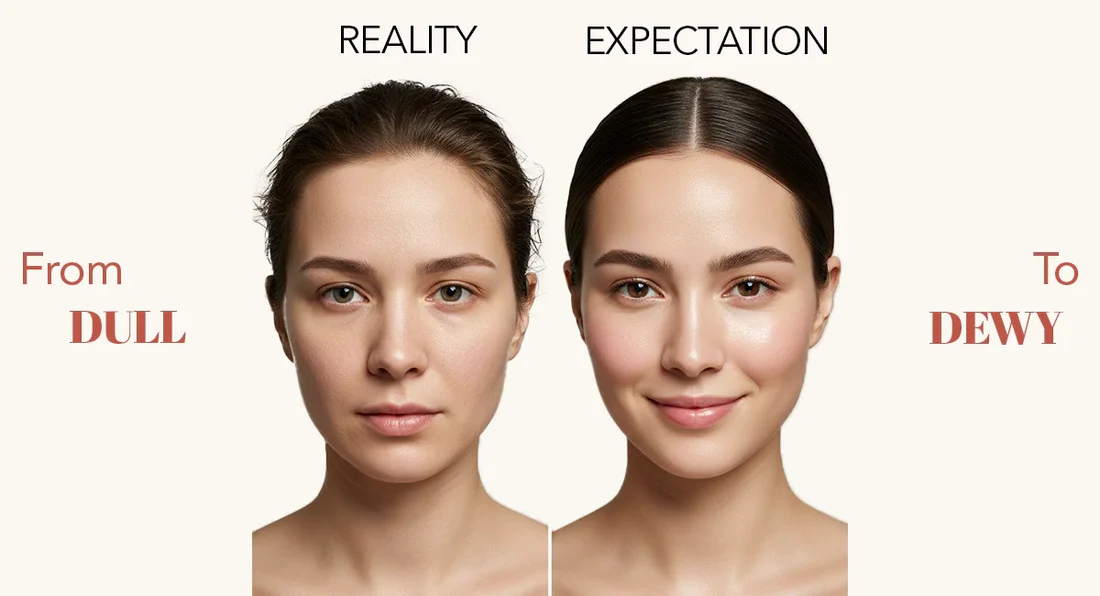 Woman looking in mirror touching her dull tired skin despite following full skincare routine.