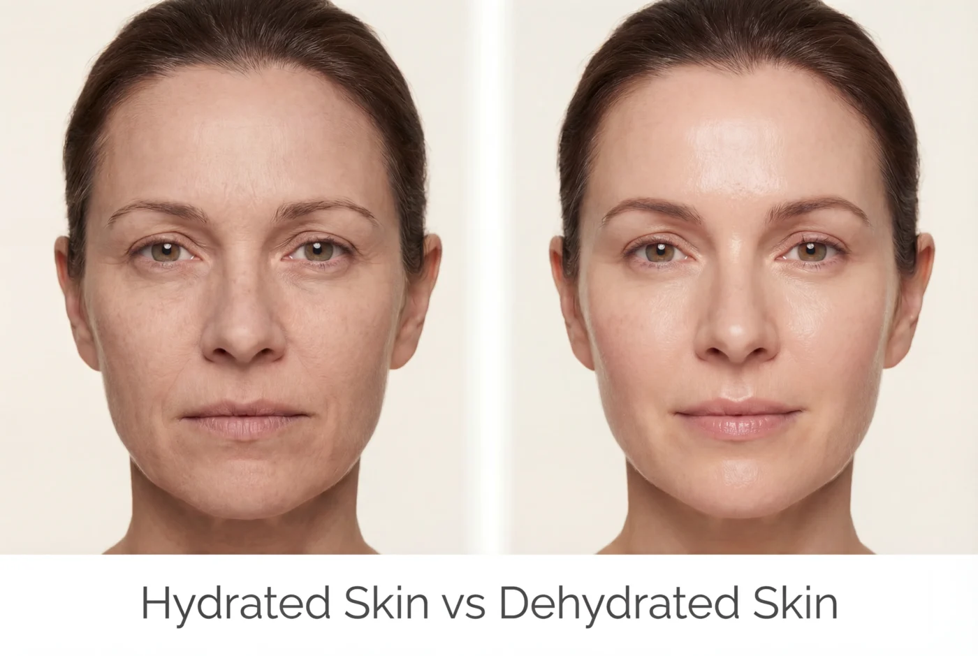 Comparison of dehydrated skin vs dry skin showing difference between lack of water and lack of oil on face