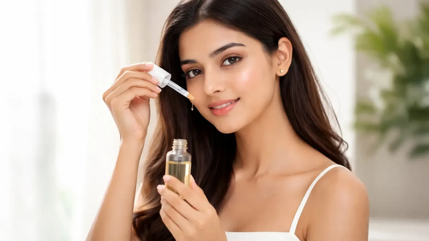 Young woman with glowing healthy skin gently patting an affordable hydrating serum onto her clean face.