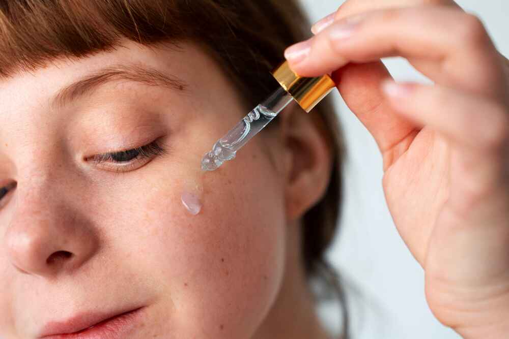 Close up of copper peptide serum bottle with molecular structure background showing collagen repair and wound healing