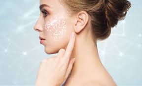 Close up of glowing skin with molecular structure of exosomes and growth factors in background