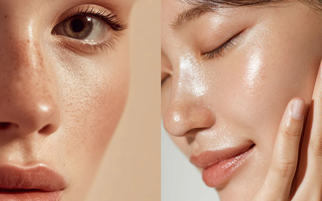 Split image showing glass skin with glossy shiny finish on left and cloud skin with velvety matte finish on right